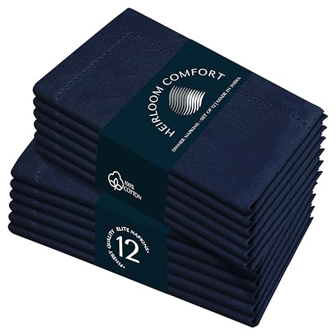 Heirloom Comfort Stoffservietten, Marineblau, 45 x 45 cm, 12 Stück, 100% Baumwolle, weich, saugfähig, waschbar, wiederverwendbar – Elegante Tischwäsche mit Hohlsaum-Gehrungskanten für Hochzeiten