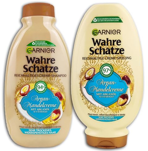 2 er Haarpflegeset Garnier Wahre Schätze Argan-Mandelcreme Reichhaltiges Creme-Shampoo + Spülung 250 +200 ml
