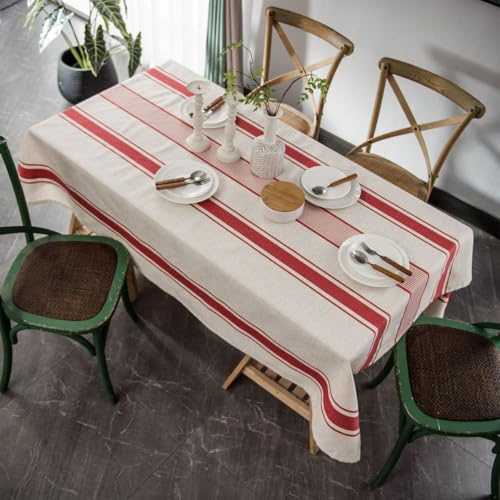 Plancholo Gestreifte Tischdecke, Baumwoll-Leinen-Stoff, staubdicht, Bauernhaus-Tischdecke für Küche, Esszimmer, Party (rechteckig/länglich, 150 x 250 cm, Rot)