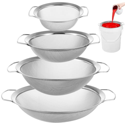 byepica 4 coladores de pintura de malla de acero inoxidable 60 con asas dobles, inserto de filtro de pintura para cubos, malla metálica multiusos para pasta, frutas y verduras