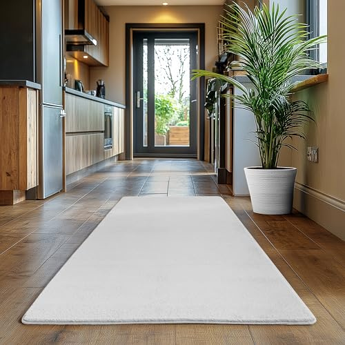 SIMPEX Läufer Teppich Weiss 80x150 cm Waschbarer Kurzflor Teppich, rutschfest & weich, modernes einfarbiges Design für Schlafzimmer, Küche & Flur