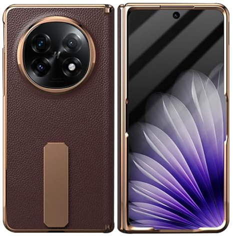 LUOTANL Custodia in Pelle Vera per Oppo Find N5, Completa Protezione dello Schermo con Texture Litchi a Grana Nobile, Custodia Placcatura Cover con Supporto,Ottone,Find N5