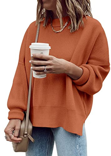 Saodimallsu Damen Oversized Langarm Pullover Gerippter Rundhals Sweater Seitenschlitz Strickpullover für Herbst und Winter Orange S