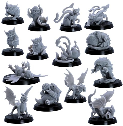 Baby Dragons & Monsters Miniature DnD Set – 14 Fantasy Creatures (Red & White Wyrmlings, Owlbears, Bulettes, Phase Panthers) | Epic Miniatures | DnD starter set