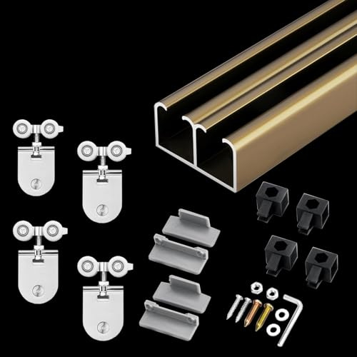 Herrajes Puertas Correderas Riel Doble de Aluminio con Topes, Guía Superior para Puertas Corredizas de Vidrio Sin Marco, Kit de Herrajes para Puertas Corredizas de Dos Hojas con Derivación(Champagne,7