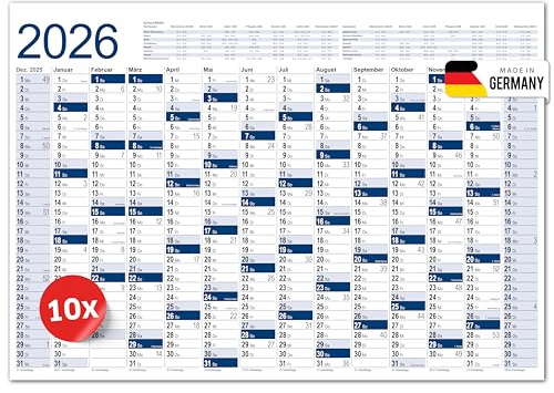 PRIMUS PRINT XXL Kalender 2026 – Plakatkalender 2026 – Wandkalender in Postergröße A1 (594x841 mm), Jahresplaner für 2026, Wandplaner in Blau oder Grün – Gerollt [ 10er Set-Blau ]