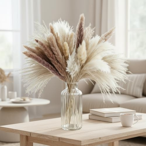 310 Stück großes Pampasgras Getrocknete Blumen Mischung, Pampasgras & Bunny Tails Trockenblumenstrauß 43cm, Trockenblumen Herbst，Boho Deko für Hochzeitsdekoration, Tischdeko, Wohnzimmer, Schlafzimmer