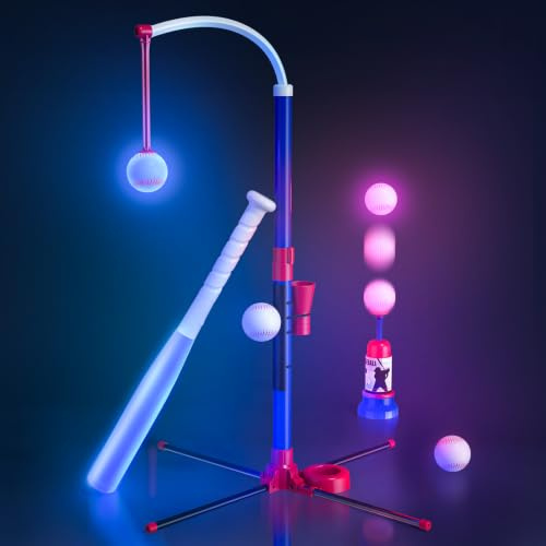 HYES Baseball Set 3 en 1 pour Enfants LED Balle de Baseball | Support de balle, suspendu, lanceur de balle et 4 balles molles – Hauteur réglable, cadeaux de sport intérieur