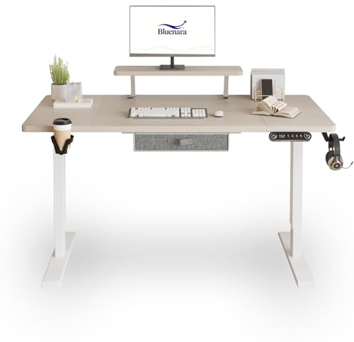 Bluenara – höj- och sänkbart skrivbord elektriskt med LED-display och monitorstativ, 140 x 76 cm ståbord – höjdjusterbart bord för hemmakontor, ek