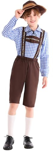 Generisch 3 Teilig Oktoberfest Kostüm Set Kinder Trachtenset, Trachten Hemd Jungen, mit Lederhosen und Trachtenhut Kinder, Kleidung Bayerlsches für Oktoberfest, Volksfest