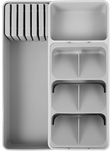 Mulikrio Expandable Cutlery Drawer Organiser, Adjustable Utensil Tray with Removable Dividers & Knife Holder, Narrow Kitchen Drawer Organiser for Spoons Forks Knives, BPA-Free Plastic, Space Saving
