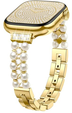 Slim Metal Beaded Strap for Apple Watch Straps Series 11-1 SE 3 2 1 Women | Thin Luxury Metal Band Adjustable Pearl Bracelet for iWatch 40mm 42mm 41mm 38mm 46mm 44mm 45mm Ultra 3 2 1 49mm