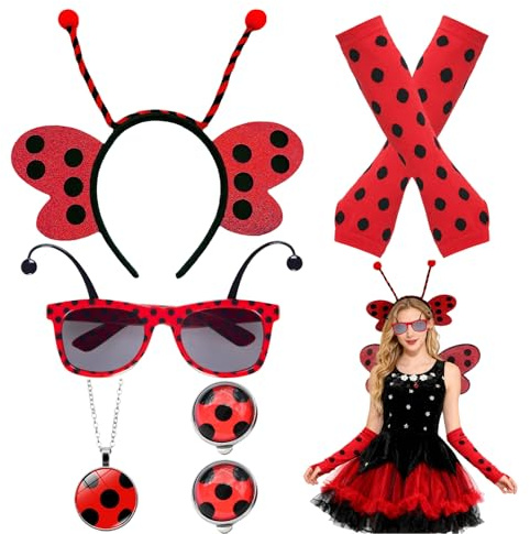 RAOPNHS Faschingskostüme Damen, Marienkäfer Kostüm Damen 5-Teiliges Karneval Kostüm Damen Set Mit Haarreif, Brille, Handschuhen, Ohrringen Und Halskette Für Fasching, Halloween, Party