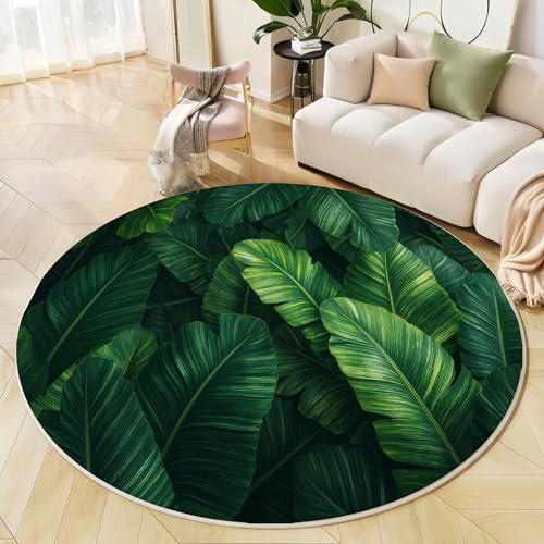 Tappeti Rotondo 160cm Surrealismo Antiscivolo Tappeto Pelo Corto Grandi Foglie Di Banano Protettore del Pavimento Tappetino Per Camera Da Letto Sala Da Pranzo Cameretta Dei Bambini, Verde Scuro