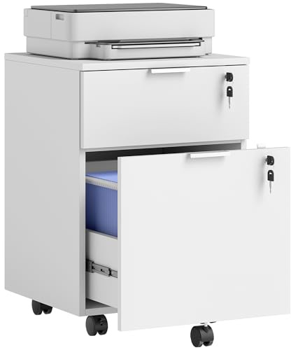 HOMCOM Mobile File Cabinet with Wheels and Lock, 2 Drawer Under Desk Office Cabinet, Adjustable A4 and Letter Hanging Bars, White