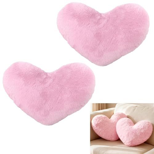 LPVVPEZ Pink Heart Pillow 2 Pack, Washable Soft Pink Heart Shaped Pillows Cute Fuzzy Fluffy Throw Pillows for Bedroom Living Room Decor Festival Decoration Bed Chair, Decorative Pillows Cushions