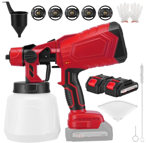 Pistola Pintura Bateria,Pulverizador de Pintura 21 V, Pistola Pintura con batería con 3 Patrones, 1400ml HVLP Pistola con 2 Baterías de 3000 mAh y Ccargador para Cercas, Paredes, Techos(Rojo)