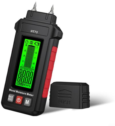 HT73 Misuratore di umidità del legno digitale 0-99,9% con sensore a doppio ago e 7 modalità di materiale per legno, costruzione, calcestruzzo, mattoni, retroilluminazione LCD, funzione di mantenimento