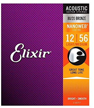 Elixir 11077 80/20 Bronze Nanoweb Coating Acoustic Guitar Strings, Light-Medium, 12-56 (2 Pack)