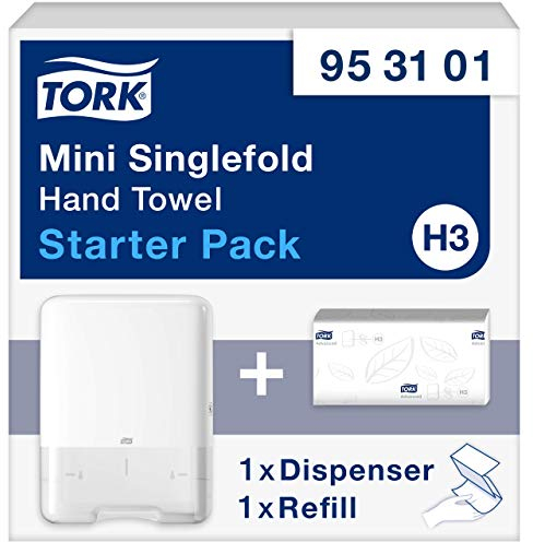 Tork Mini Singlefold Handtuch Starter Pack 953101, Image Design - H3 Singlefold/C-fold Elevation Design Papierspender + Handtuchnachfüllung (250 Blatt) - Schlank, hygienisch, weiß