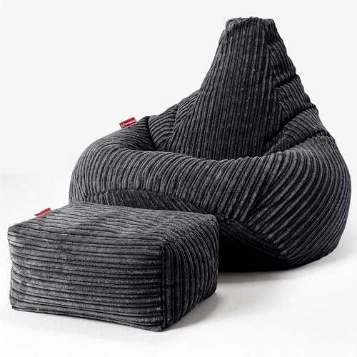 Lounge Pug, Gaming Sitzsack Sessel mit Hocker, Cord Schwarz