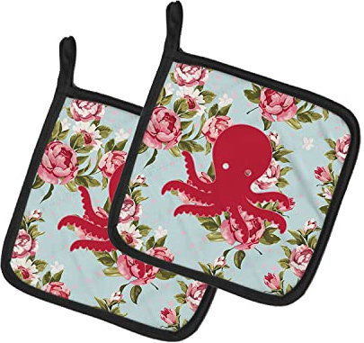 Caroline's Treasures Octopus BB1090-RS-BU-PTHD - Coppia di presine in tessuto multicolore con rose blu shabby chic
