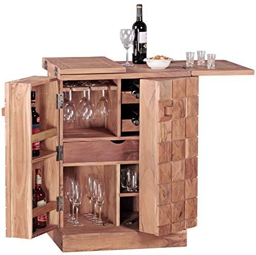 FineBuy Hausbar Massivholz 65x91x50 cm Weinbar ausklappbar, Kleine Bar modern, Barschrank mit Türen, Spirituosenschrank mit Aufbewahrung für Flaschen und Gläser Beige