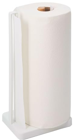 Yamazaki 3259 Tosca Paper Towel Holder Square, White, Steel/Wood, 15.5 x 11.5 x 31 cm