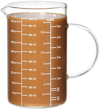 77L Messbecher Glas, [Wärmeisolierter Griff, V-förmiger Ausguss, Drei Skalen], Messbecher hochborosilikatischem Glas, Geeignet Für Küche Oder Esszimmer, Gut Ablesbar, 1000 ml (1 Liter, 4 Tassen)