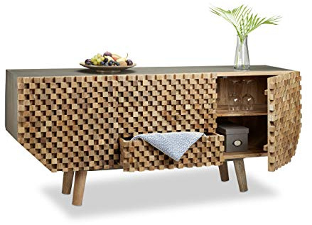 Native Home Sideboard 3D-Muster, Kommode Mango-Holz, Highboard 3 Schubladen, Anrichte massiv, HxBxT ca. 75 x 177 x 45 cm