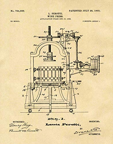 Weinpresse Patentposter WB134 Wein-Wandkunst, Wein-Bar-Deko, Wein-Kunstdruck, Wein-Geschenk, Vintage-Weinposter (WB134) (30,5 x 40,6 cm, Pergament)