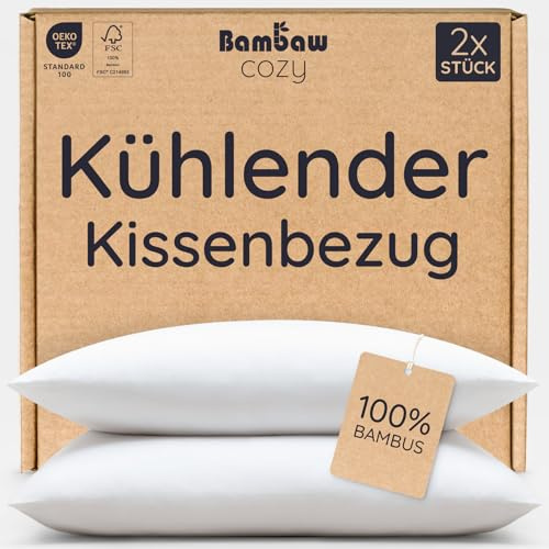 Bambaw Kissenbezug 65 x 65 Bambus, 2-er Pack, atmungsaktive Allergiker-Bettwäsche, kuscheliger und weicher Kissenbezug gegen Haarbruch, antibakteriell und hypoallergene Bettwäsche (Weiß)