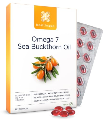 Healthspan Omega 7 Sanddornöl 500 mg | Hoher Omega-7-Gehalt und reich an Omega-9-Fettsäuren | Zusätzliches Vitamin A | Frauengesundheit | Carotinoide und Tocopherole | Vegan | 60 Kapseln