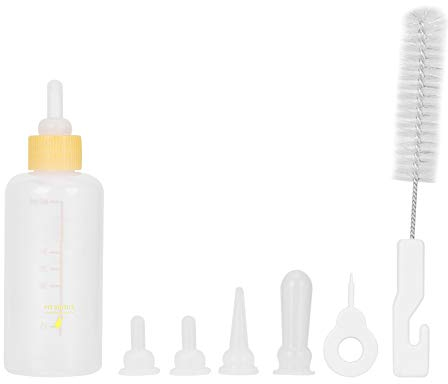 Aufzuchtflasche Pet Milchflasche Haltbares Wasser Milch Flasche 60ml Pet Babyflasche Milch Feeder Haustier Aufzucht Set mit Nippel Pinsel Set für Welpen Kätzchen(Gelb)
