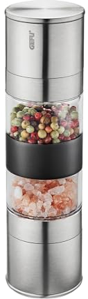 GEFU Doppelmühle LAMOLA für Salz & Pfeffer | Edelstahl, stufenlos einstellbares Keramikmahlwerk, Aromakappen als Mahlteller | Platzsparend & Elegant