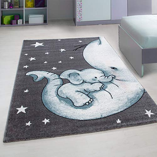 Bravich Kinderteppich für Schlafzimmer, Spielzimmer, Kinderzimmer und aktive Bereiche, blauer Baby-Elefant, superweich mit antiallergischen Materialien, Kinderteppiche für Schlafzimmer und