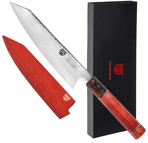 GRÄWE Damaskknivsignatur, stor kniv av damaskstål, supervass, Damaszener Santokukniv, damaskskniv, damaskkniv, 35 cm lång, kockkniv med presentförpackning, ljusbrunt handtag