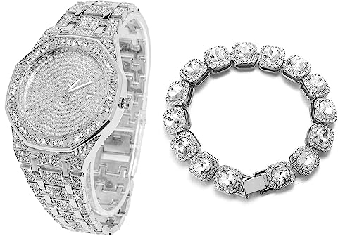 HALUKAKAH Diamants Montre en Or pour Hommes,Plaqué Or Blanc Platine Quartz Bracelet 22cm Cadran Octogonal,avec Diamant en Grappe Chaîne de Tennis Bracelet 20cm,avec Boîte Cadeau