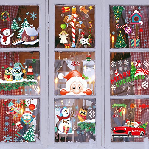 Vetrofanie Natalizie 12 fogli Adesivi Natalizi per Finestre, Adesivi Natalizi Finestre in ​​PVC Staic Decorazione Fai-da-te Fiocco di Neve Babbo Natale Renne