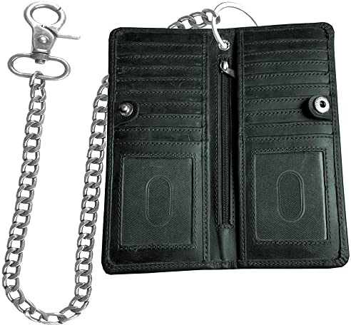CLASSIC Motorcycle Chain Wallet for Men – Premium Cowhide Leather, RFID Bi-Fold Biker Wallet with Heavy Duty Chain Bikers Truckers & Hunters, Credit Card Money Organizer Long Wallet Crazy Horse Grey