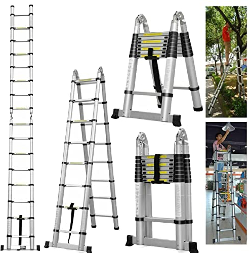 2,5m+2,5m Edelstahl Ausziehleiter Klappbar Teleskopleiter, A-Rahmen Stehleiter, Tragbare Mehrzweckleiter, 150 kg Tragkraft