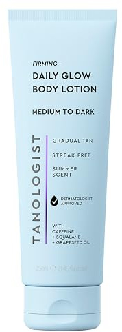 Tanologist Firming Daily Glow Body Lotion- Medium/Dark, Fast-Developing, Transfer-Proof Gradual Self Tanning Lotion, Summer Scent, Natural Not Orange, Lasts 7 Days, Vegan Formula, 8.45 fl oz