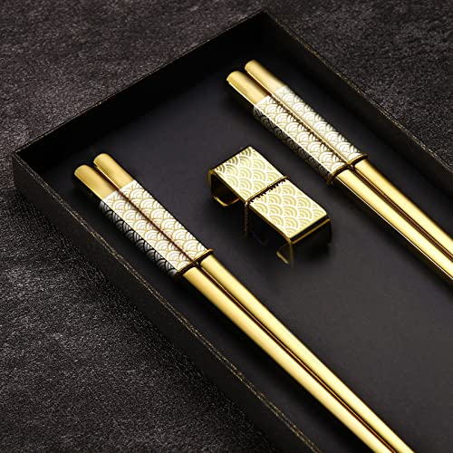 TIICOO Reusable Titanium Stainless Steel Chopsticks 2 Pairs with Holder, Dishwasher Safe, Lightweight Korean Japanese Chinese Chopsticks Gift Set (Gold)