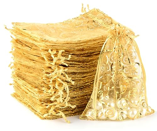 MAOOY 100PCS Goldener Organzasäckchen, 15X20cm Druck Organzabeutel，Organza Säckchen mit Kordelzug,Geschenktüten Schmuckbeutel für Hochzeit Geburtstag Party,Wiederverwendbar Geschenksäckchen