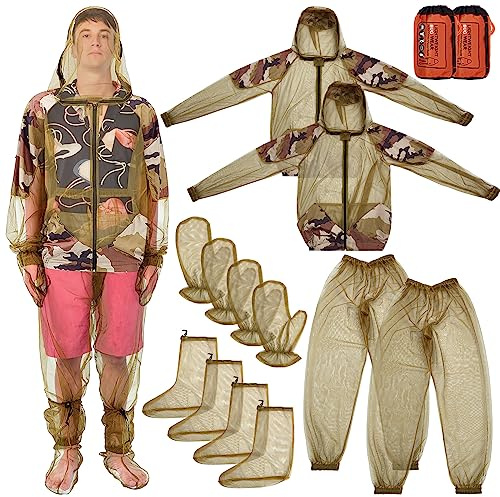 2 Sets Mosquito Net Suit Tick Net Pants Jacket Mittens and Socks Insect Proof Body Clothing Outdoor Hunting Camping Climbing (Army Green Camouflage)