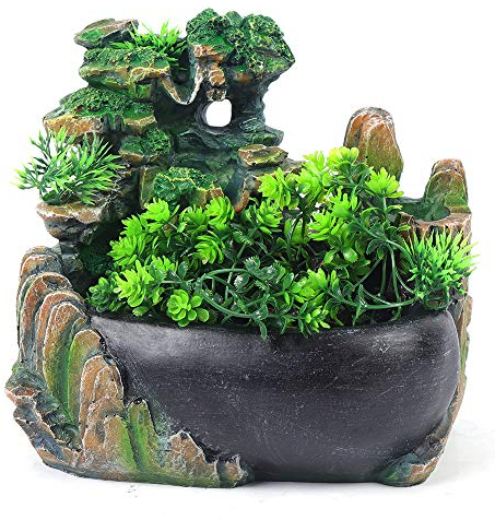 Zimmerbrunnen Brunnen aus Polyresin mit LED,Desktop Bonsai Ornamente,Beleuchtung Tischbrunnen mit Deko-Steingarten und Teich Wasserspiel Desktop Wasserfall mit Pumpe fur Büro Wohnzimmer