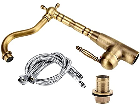 Gold Vintage Sink Faucet Solid Brass Hot and Cold Tube Mixer Faucet Antique Style Thermostat Faucet Kitchen Bathroom Vanity Sink Faucet Faucet Set for Bathroom, Hand Sink, Kitchen, Toilet