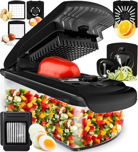Multifuncional Cortador de Verdura Espiralizador de Verduras - Picador de Verduras Patatas Cebolla - Vegetable Chopper - Gadgets Cocina (8-en-1 Negro)