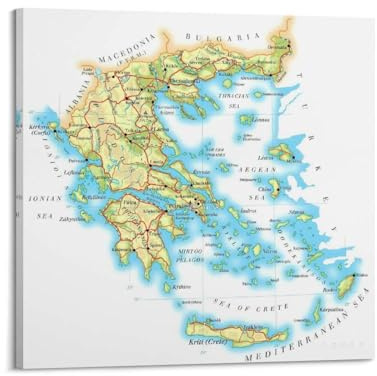 YBHF Griechenland Landkarte Poster Wandkunst Druck Retro Ästhetische Raumdekoration Büro Dekorationen 40 x 40 cm Rahmen Stil