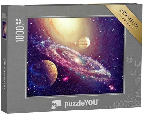 Puzzle 1000 Teile XXL „3D-Illustration: spiralförmige Galaxie und Planet im Weltraum“ – aus der Puzzle-Kollektion Weltraum, Universum
